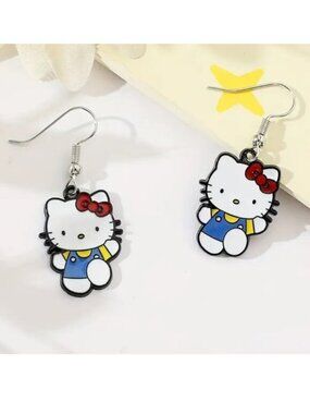 Hello Kitty Earrings Enamel Jumper Dangle Silver Glam Stylish Trendy Fashion FUN